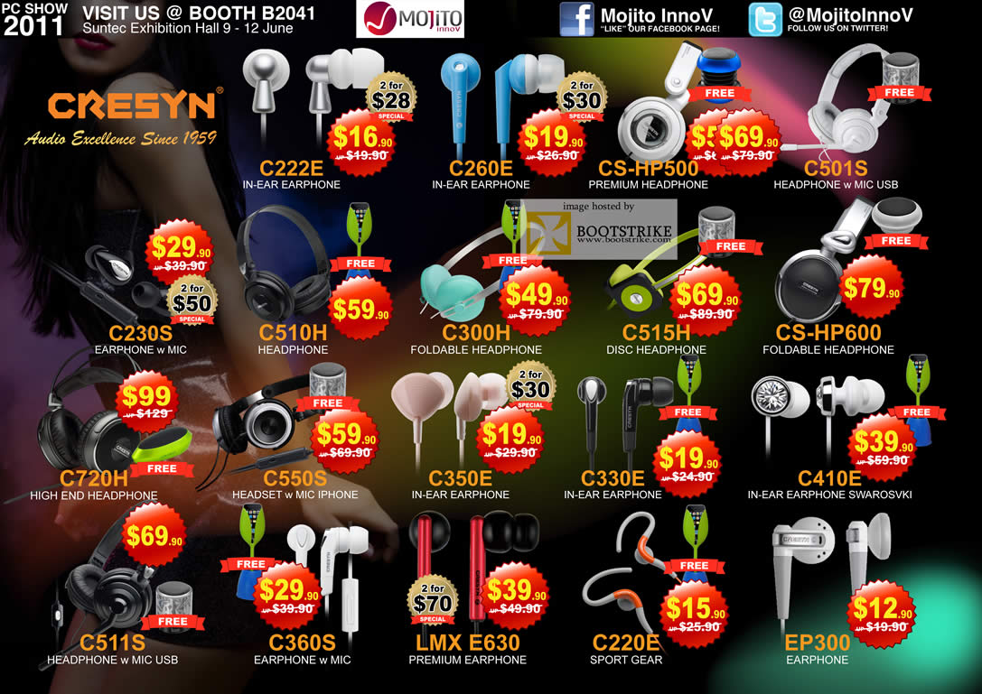 PC Show 2011 price list image brochure of Mojito Cresyn Earphones Headphones Audio C720H C511S CS-HP500 C515H C300H LMX E630 C410E CS-HP600 C230S CS-HP500