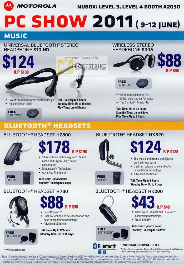 PC Show 2011 price list image brochure of Nubox Motorola Bluetooth Stereo Headphone S10-HD Wireless S305 HZ800 HX520 H730 HK200 Headset Bluetooth