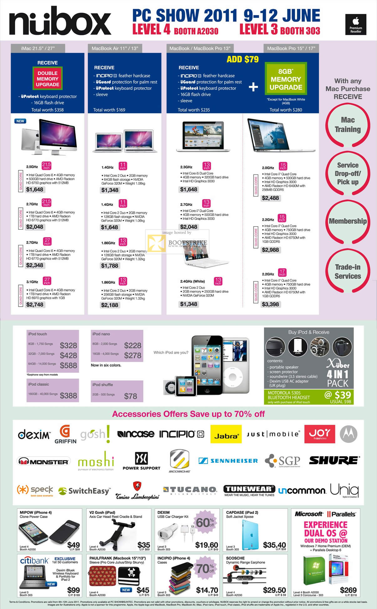 PC Show 2011 price list image brochure of Nubox Notebooks Apple IMac MacBook Air Pro IPod Touch Nano Shuffle Accessories Classic Mipow V2 Gosh Dexim Scosche Microsoft Parallels