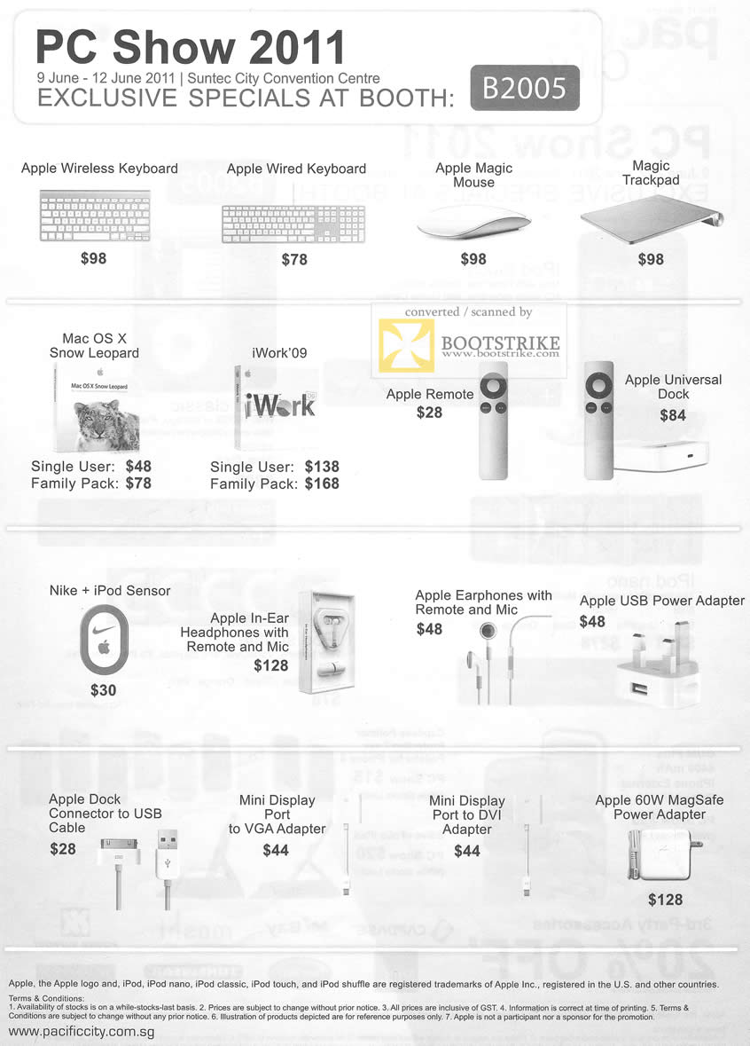 PC Show 2011 price list image brochure of Pacific City Apple Wireless Keyboard Magic Mouse Trackpad OS X Snow Leopard IWork 09 Remote Dock Sensor Earphones Power Adapter Cables