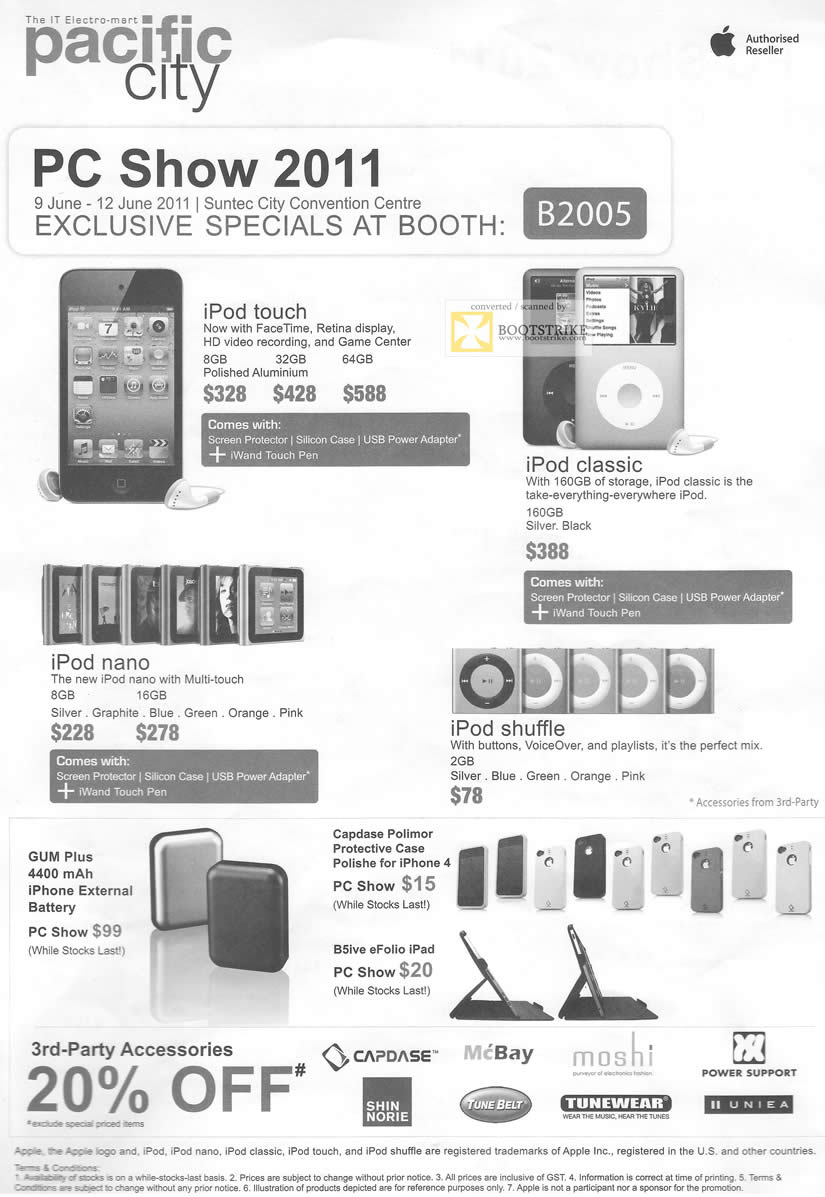 PC Show 2011 price list image brochure of Pacific City Apple IPod Touch Classic Nano Shuffle GUM Plus Capdase Polimore Polishe IPhone 4 B5ive EFolio IPad