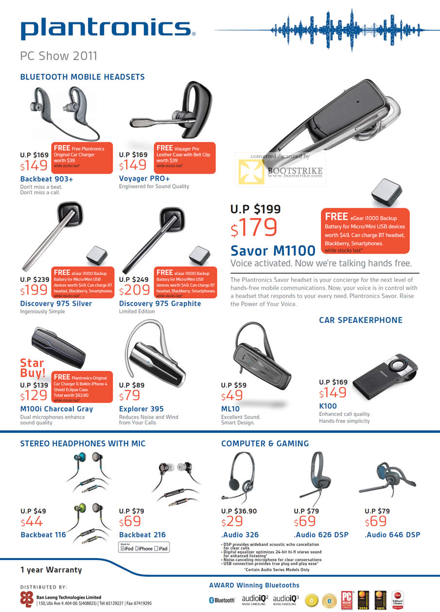 PC Show 2011 price list image brochure of Plantronics Bluetooth Headsets Backbeat 903 Plus Voyager Pro Savor M1100 Discovery 975 M100i 395 ML10 K100 BackBeat 116 216 Audio 326 646