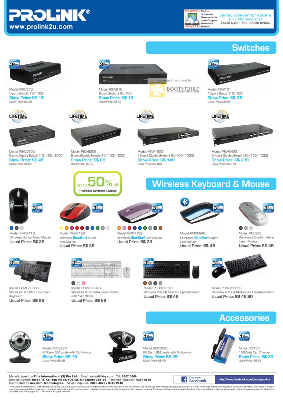 PC Show 2011 price list image brochure of Prolink Networking Switches Wireless Keyboard Mouse Accessories Webcam