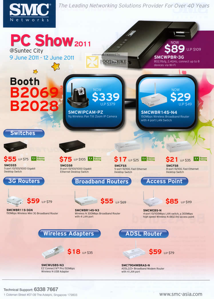 PC Show 2011 price list image brochure of SMC Networks Switches SMCGS5 GS8 FS5 FS8 WBR11S-3GN WBR14S-N3 WEBS-N WUSBS-N3 WBRAS-N ADSL Router Wireless Adapter 3G