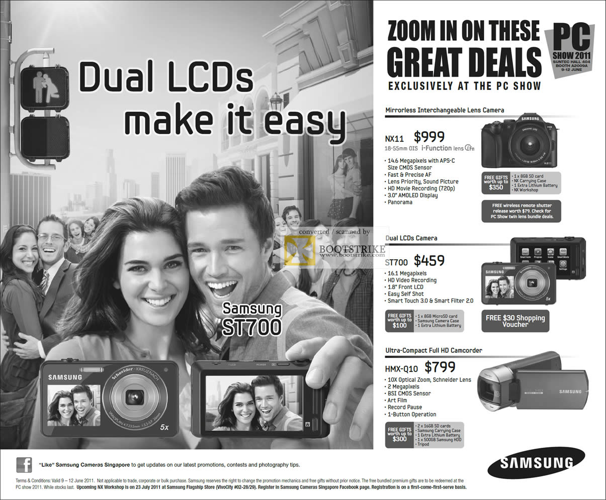 PC Show 2011 price list image brochure of Samsung Digital Cameras Mirrorless Interchangeable Lens NX11 ST700 Dual LCDs Camcorder HMX-Q10