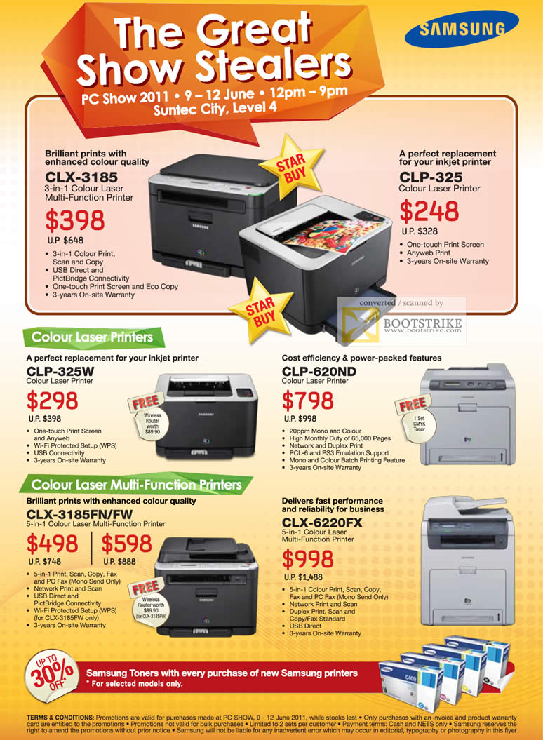 PC Show 2011 price list image brochure of Samsung Printers Laser CLX-3185 CLP-325 CLP-325W CLP-620ND CLX-3185FN FW CLX-6220FX