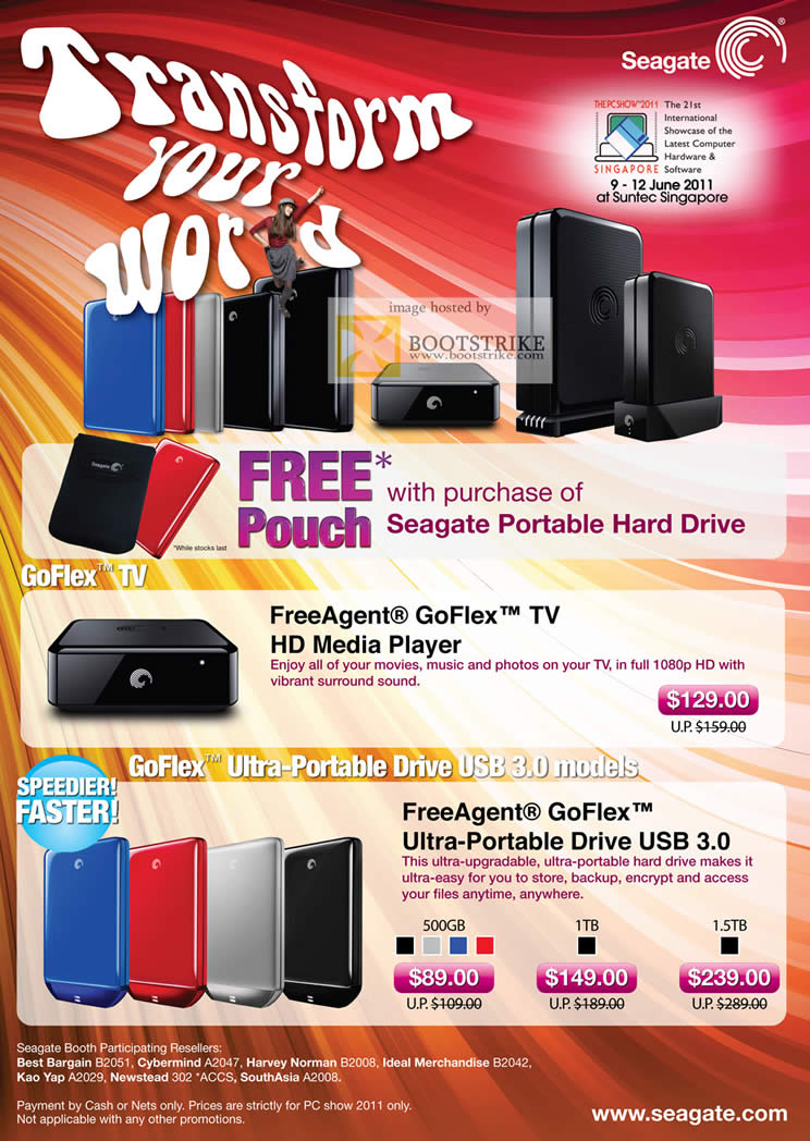 PC Show 2011 price list image brochure of Seagate FreeAgent GoFlex TV Media Player Ultra-Portable External Storage USB 3