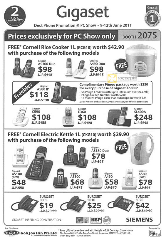 PC Show 2011 price list image brochure of Siemens Gigaset Dect Phone AS300 Duo A490 C590 E360 SL400A AS180 AS180 AS300 A490 A580 Euroset 5005 5010 5020