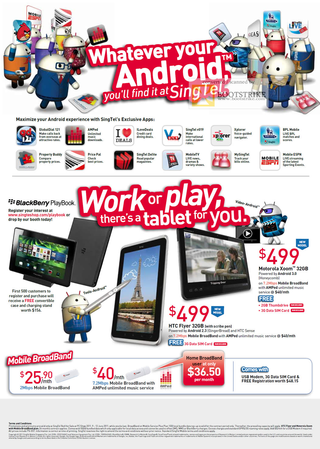 PC Show 2011 price list image brochure of Singtel Android Apps BlackBerry PlayBook HTC Flyer 32GB Motorola Xoom 32GB