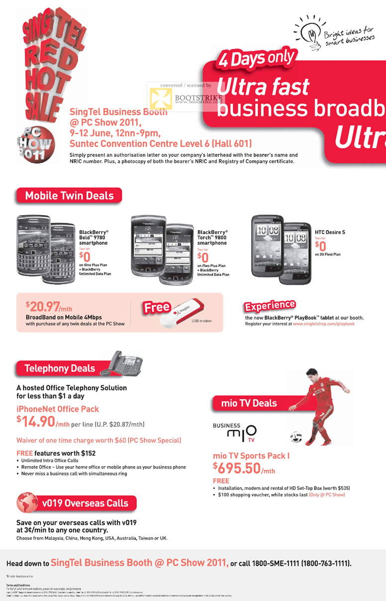 PC Show 2011 price list image brochure of Singtel Business Mobile Phones Blackberry Bold 9780 9800 HTC Desire S IPhoneNet Mio TV Telephony Playbook