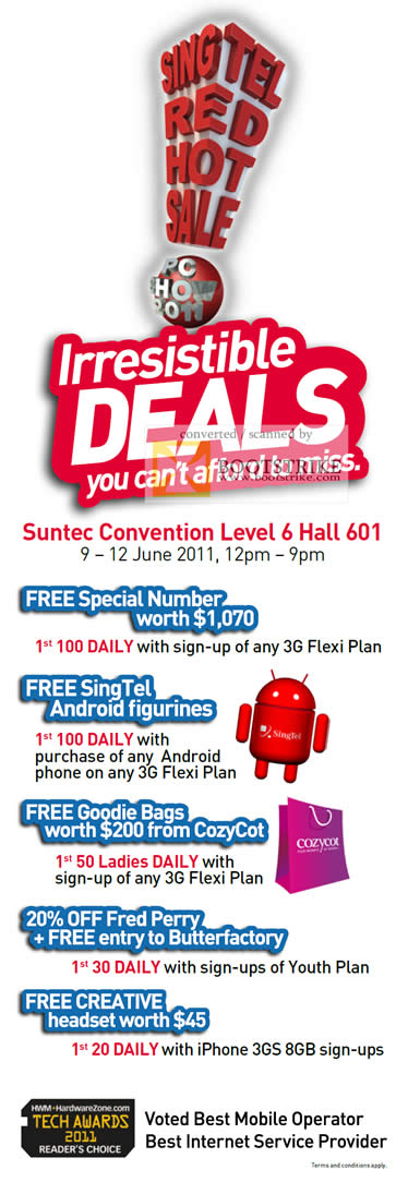 PC Show 2011 price list image brochure of Singtel Deals Free Special Number Android Figurines Goodie Bags CozyCot Fred Perry Butterfactory Creative Headset