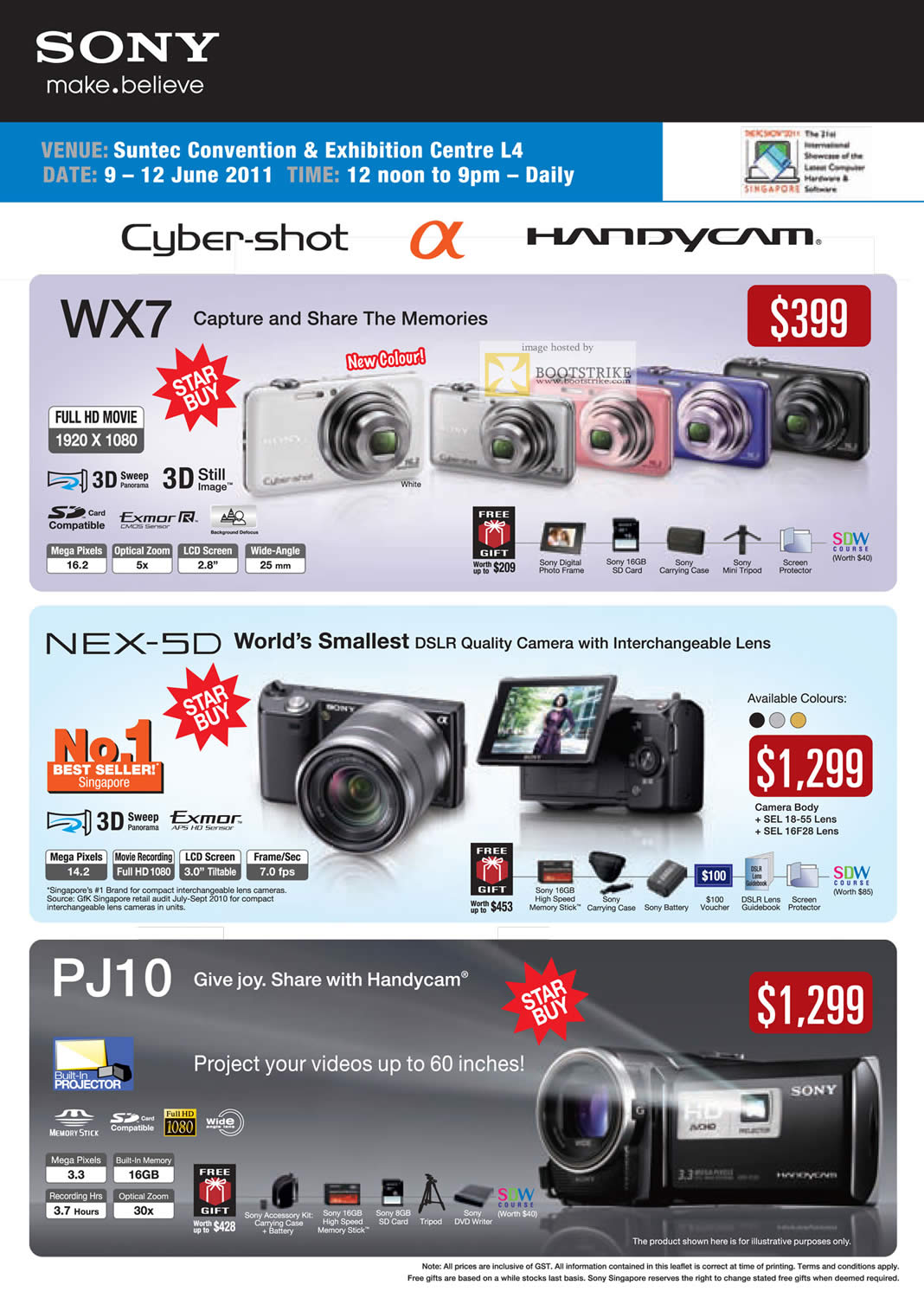 PC Show 2011 price list image brochure of Sony Digital Cameras Cybershot DSC WX7 NEX-5D HDR PJ10 Handycam Camcorder Exmor