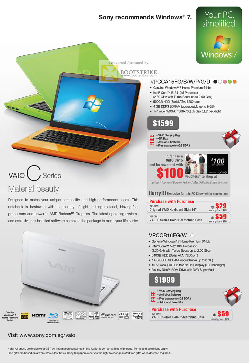 PC Show 2011 price list image brochure of Sony Notebooks Vaio C Series VPCCA15FG B W P G D VPCCB16FG W