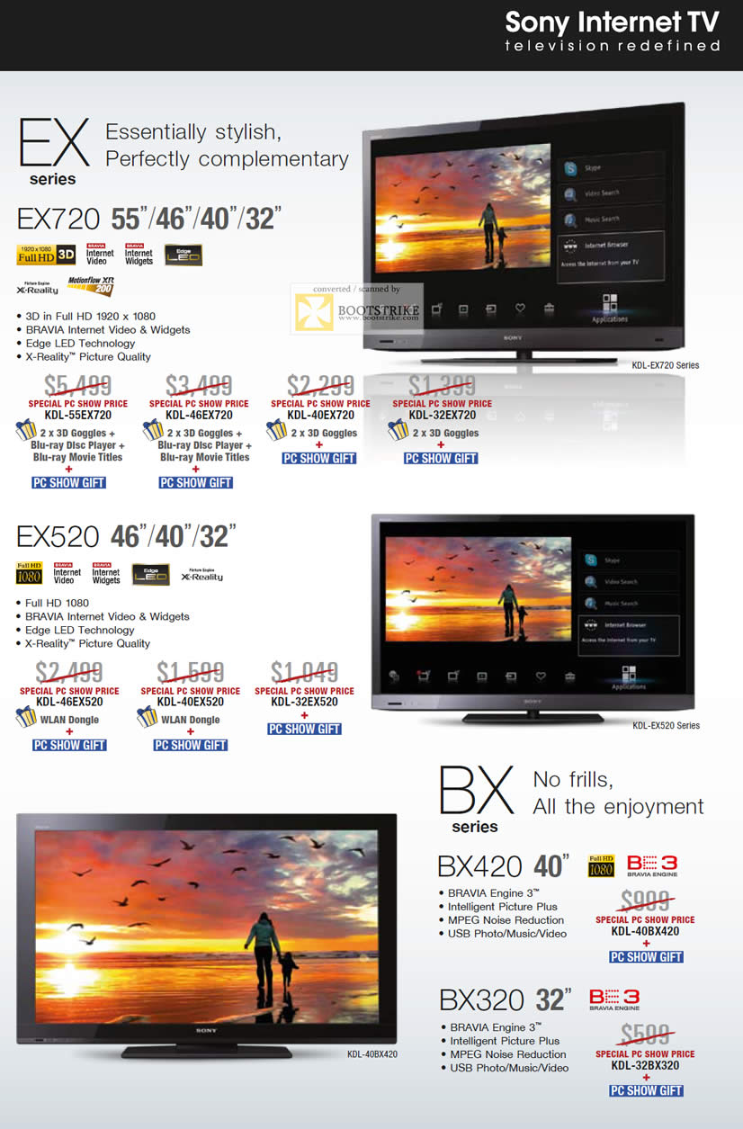 PC Show 2011 price list image brochure of Sony TV EX Series EX720 EX520 BX Series BX420 BX320 Bravia X-Reality KDL 55EX720 46EX720 40EX720 32EX720 46EX520 40EX520 32EX520 40BX420 32BX320