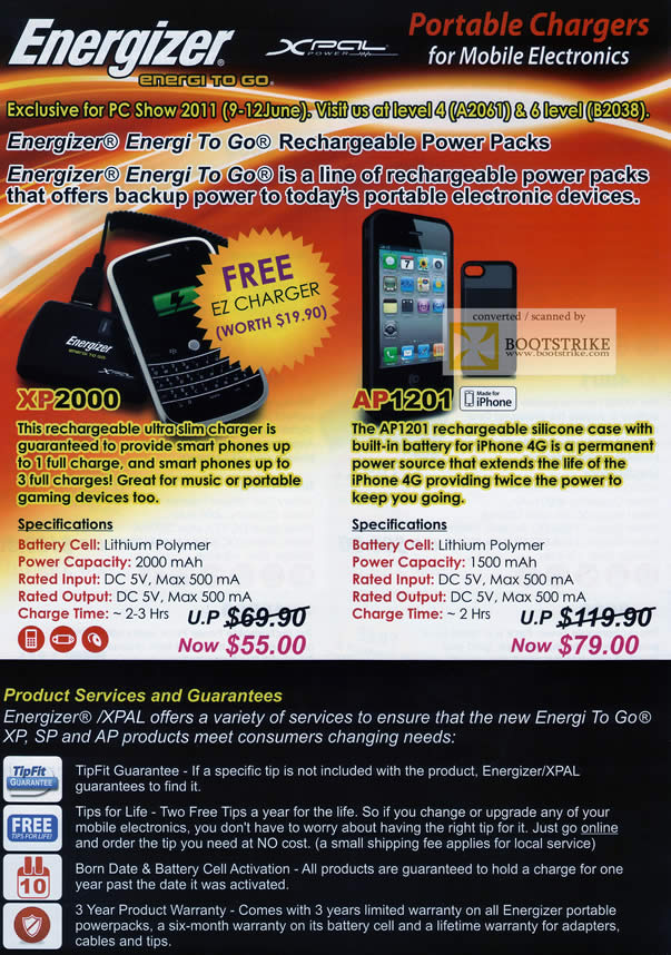 PC Show 2011 price list image brochure of Sprint Cass Energizer Portable Charger XP2000 AP1201 Energi To Go