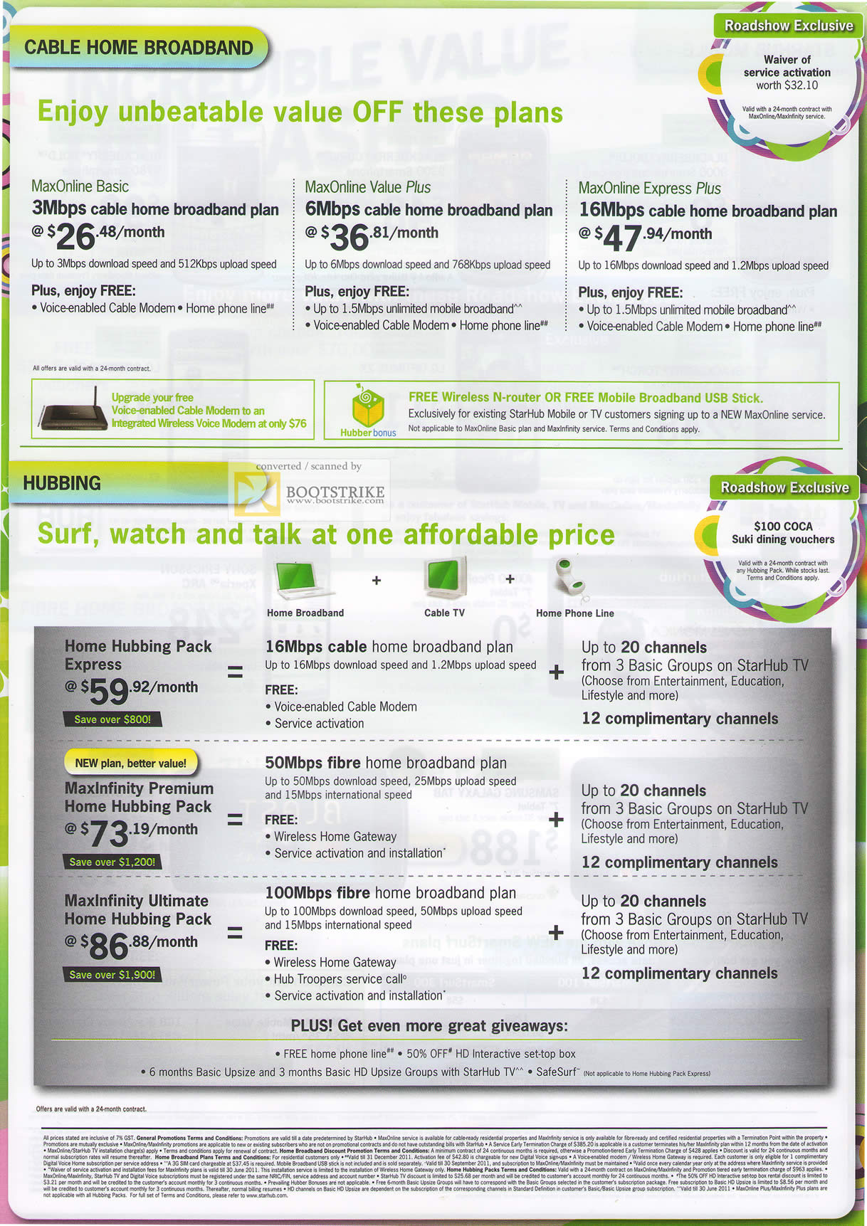 PC Show 2011 price list image brochure of Starhub Broadband Cable Maxonline Basic Value Plus Express Hubbing MaxInfinity Fibre