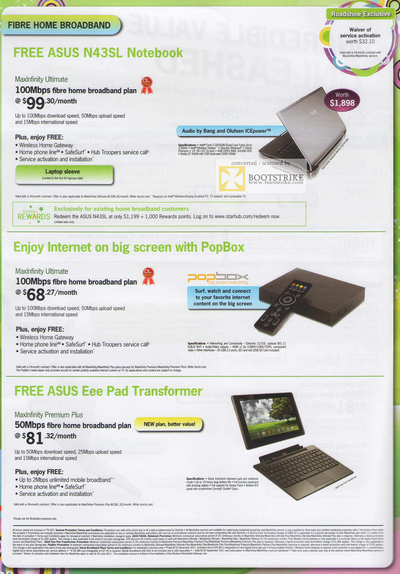 PC Show 2011 price list image brochure of Starhub Broadband Fibre Home ASUS N43SL Notebook PopBox ASUS Eee Pad Transformer MaxOnline Premium Plus