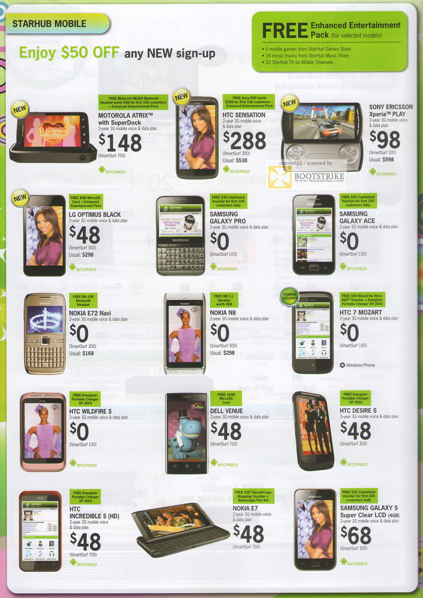 PC Show 2011 price list image brochure of Starhub Mobile Phones Motorola Atrix HTC Sensation SE Xperia Play LG Optimus Black Samsung Galxy Pro Ace E72 Navi N8 Mozart Wildfire S Dell Venue Desire Incredible E7