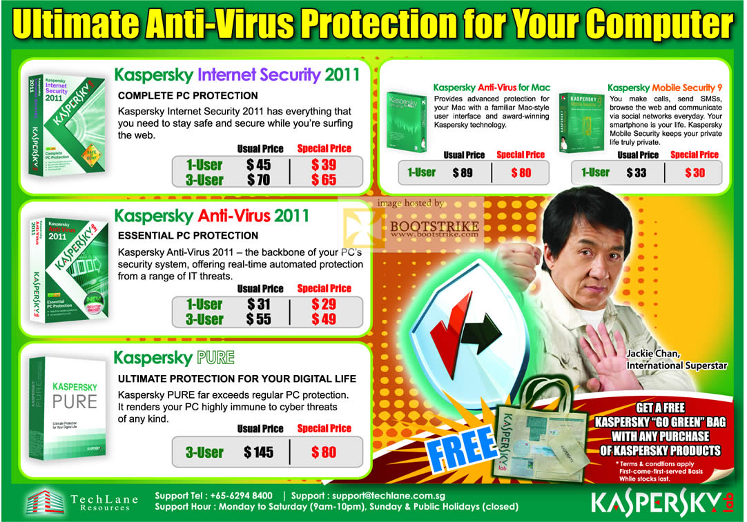 PC Show 2011 price list image brochure of TechLane Kaspersky Internet Security 2011 Anti-Virus PURE Mac Mobile Security