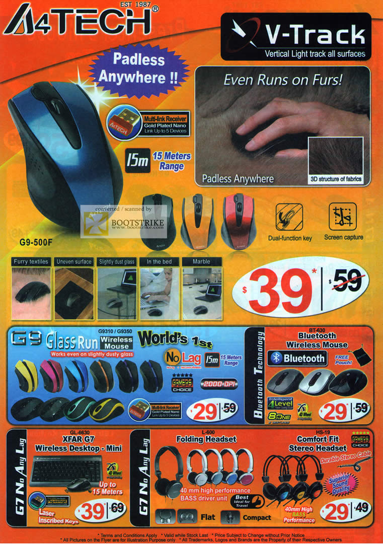 PC Show 2011 price list image brochure of Vertex A4Tech Mouse Padless Anywhere G9-500F V-Track Glass Run G9310 G9350 Bluetooth Wireless BT-630 G7 GL-6630 L-600 HS-19 Headset Keyboard