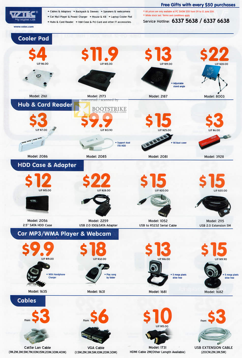 PC Show 2011 price list image brochure of Vztec Accessories Cooler Pad USB Hub Card Reader HDD Case Adapter IDE SATA Car MP3 Player WMA Webcam Cables VGA USB