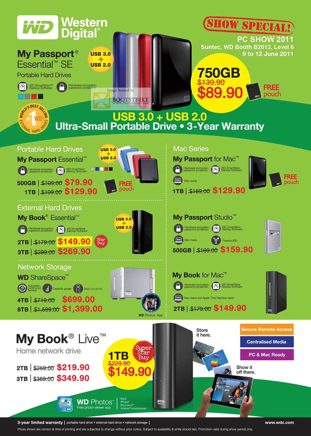 PC Show 2011 price list image brochure of Western Digital WD External Storage Drive My Passport Essential SE Mac Studio ShareSpace Book Live NAS Portable