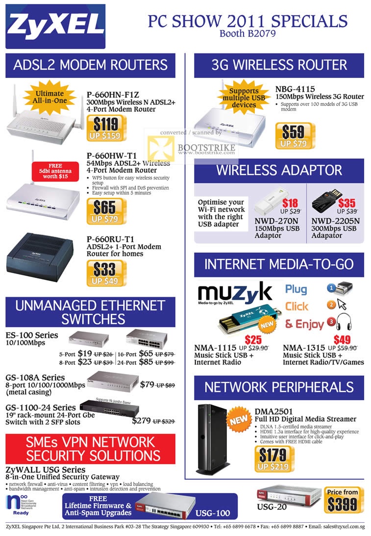 PC Show 2011 price list image brochure of ZyXEL Networking ADSL2 Modem Router 3G Wireless Adapter Switches Muzyk DMA2501 Media Streamer Business ZyWALL USG Security