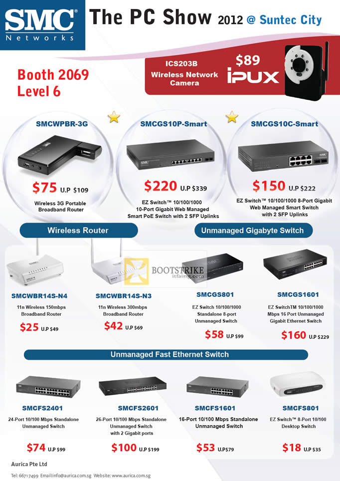 PC SHOW 2012 price list image brochure of Aurica SMC Networks Wireless 3G Router SMCWPBR-3G, Switch, Gigabyte Switch, Ethernet Switch, EZ Switch SMCGS10P-Smart, SMCGS10C-Smart