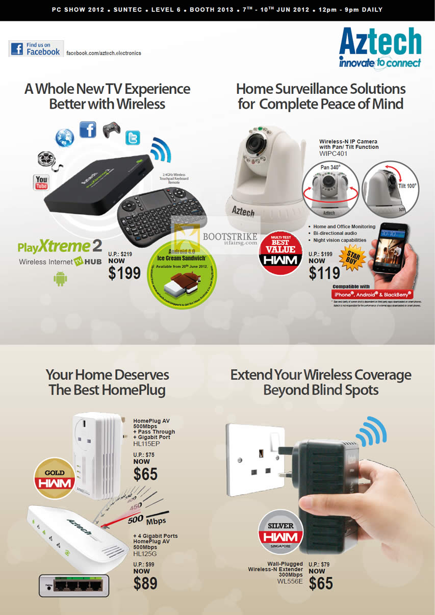 PC SHOW 2012 price list image brochure of Aztech PlayXtreme 2 Android TV Hub, Wireless IPCam WIPC401, HomePlug AV HL115EP, HL125G, Extender WL556E