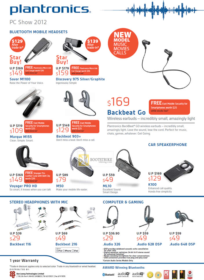 PC SHOW 2012 price list image brochure of Ban Leong Plantronics Bluetooth Headsets Savor M1100, BackBeat Go, Discovery 975 Silver Graphite, Marque M15, Headphones, Speakerphones