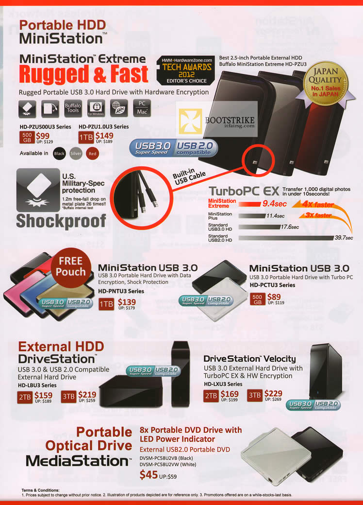 PC SHOW 2012 price list image brochure of Buffalo MiniStation Extreme External Storage, TurboPC EX, MiniStation USB, DriveStation, Velocity, MediaStation External Optical Drive