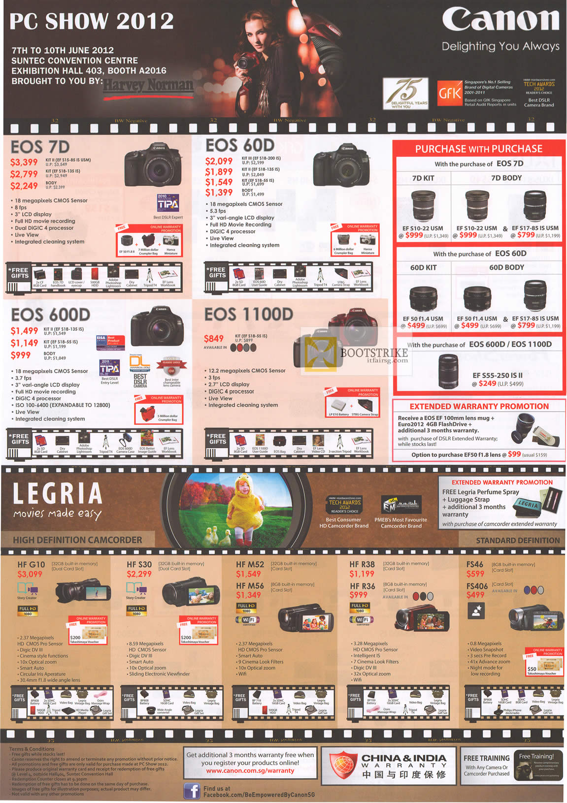 PC SHOW 2012 price list image brochure of Canon Digital Cameras DSLR EOS 7D, EOS 60D, EOS 600D, EOS 1100D, Video Camcorders HF G10, HFS30, HFM52, HFM56, HF R38, HF R36