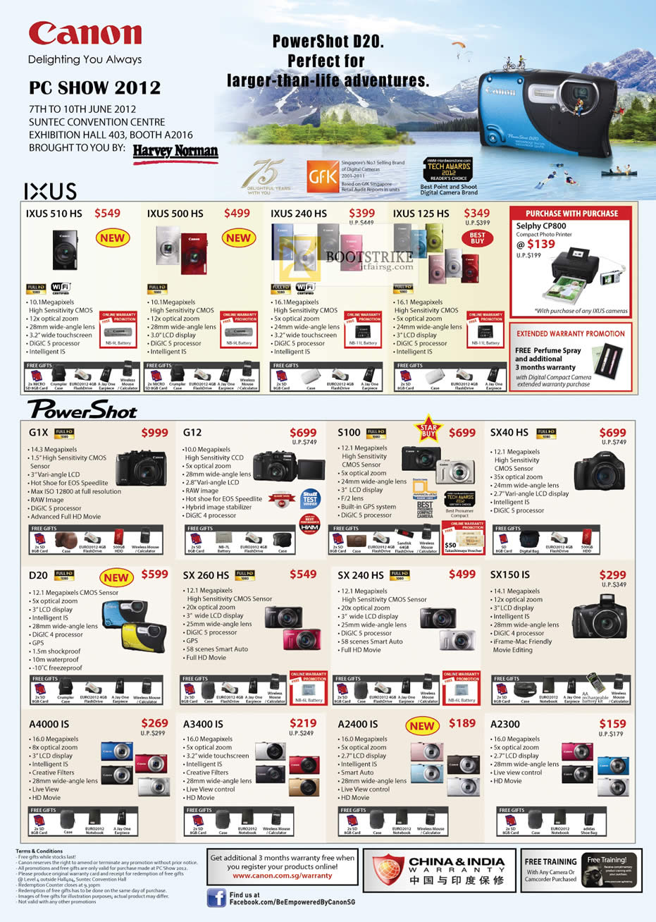 PC SHOW 2012 price list image brochure of Canon Digital Cameras IXUS 510HS, 500 HS, 240 HS, IXUS 125 HS, G1X, G12, S100, SX40 HS, D20