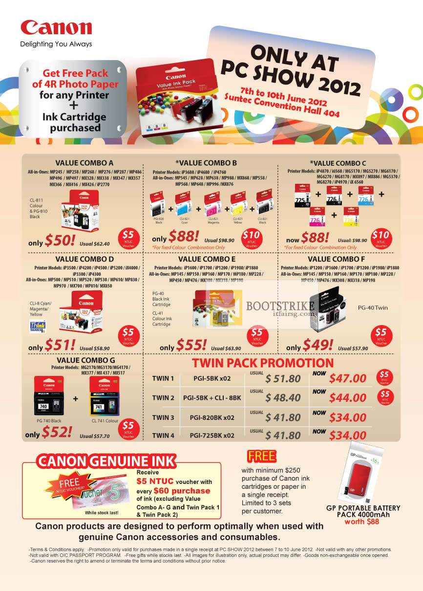 PC SHOW 2012 price list image brochure of Canon Ink Cartridge Value Combos