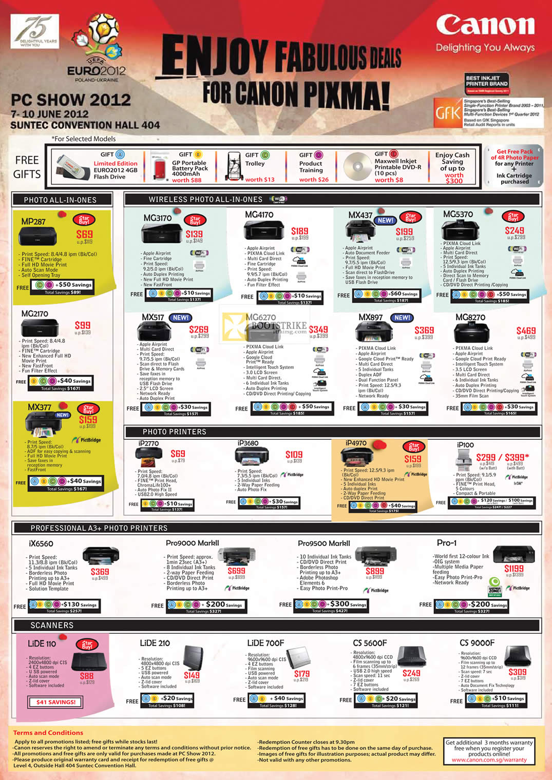 PC SHOW 2012 price list image brochure of Canon Printers Inkjet Pixma MP287, MC2170, MX377, MG3170, MG4170, MX437, MG5370, MG8270, MX897, MG6270, Scanners Lide