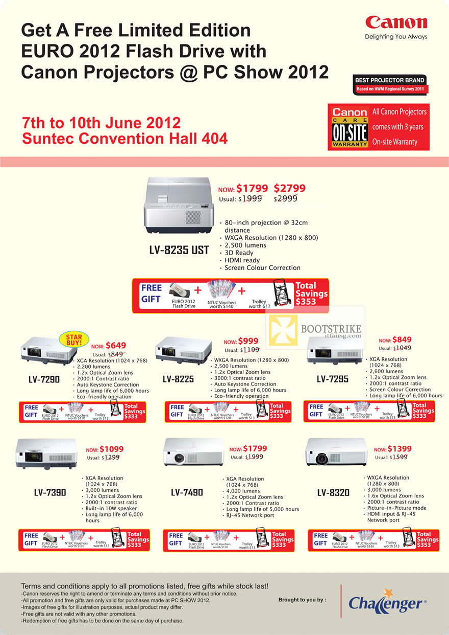 PC SHOW 2012 price list image brochure of Canon Projectors LV-8235 UST, LV-7290, LV-8225, LV-7295, LV-7390, LV-7490, LV-8320