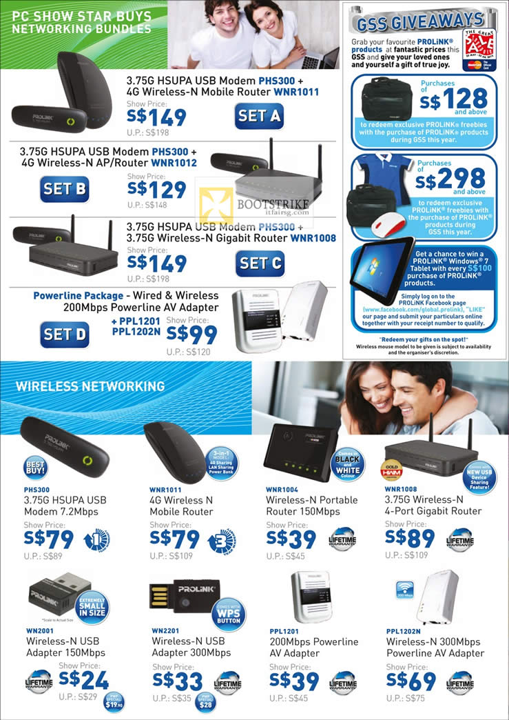 PC SHOW 2012 price list image brochure of Cybermind Prolink Networking Wireless 3.75G HSUPA USB Modem, 4G Wireless N Mobile Router, Portable Router, USB Adapter, Powerline AV Adapter