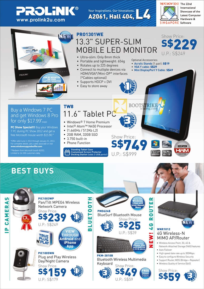 PC SHOW 2012 price list image brochure of Cybermind Prolink Pro1301WE Mobile LED Monitor, TW8 Tablet PC, IP Cam PIC1003WP, Keyboard, Mouse, PIC1005WN, WNR1012 Wireless N Router