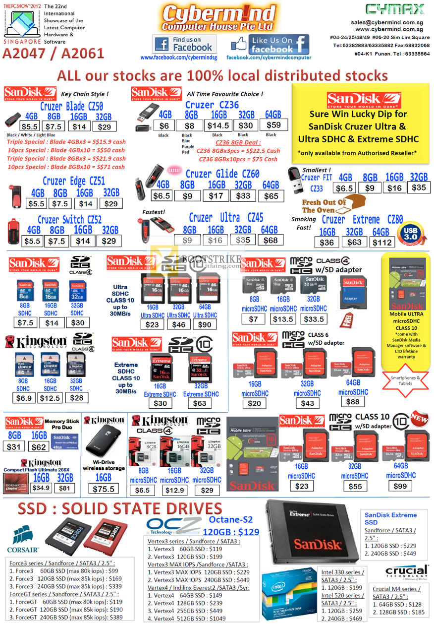 PC SHOW 2012 price list image brochure of Cybermind Sandisk Flash Drives Cruzer Edge Glide Switch Ultra Extreme, SDHC MicroSDHC, Kingston, Corsair SSD, OCZ, Crucial