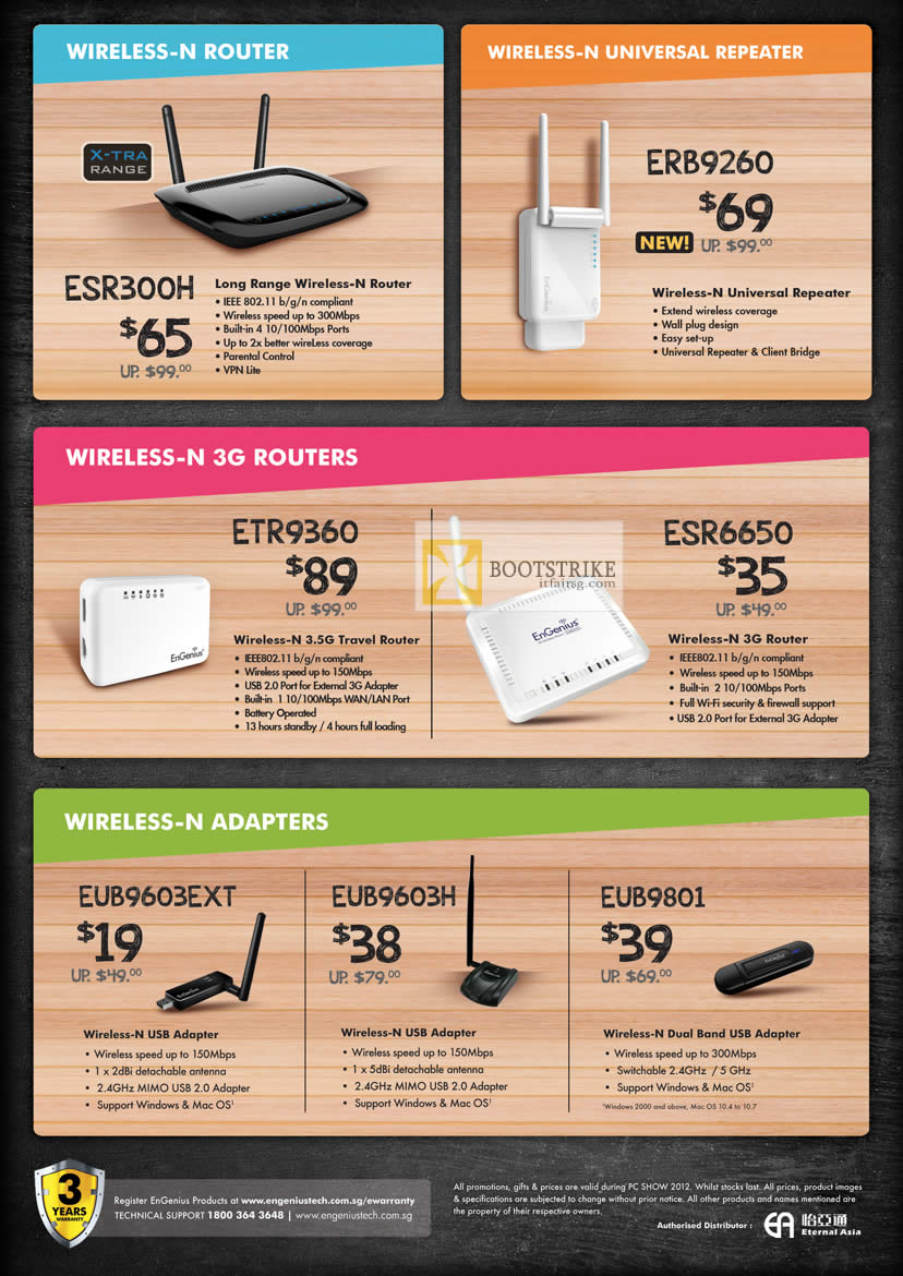 PC SHOW 2012 price list image brochure of Engenius Networking Wireless Router ESR300H, Repeater ERB9260, 3G Routers ETR9360, ESR6650, USB Adapter EUB9603EXT, EUB9603H, EUB9801