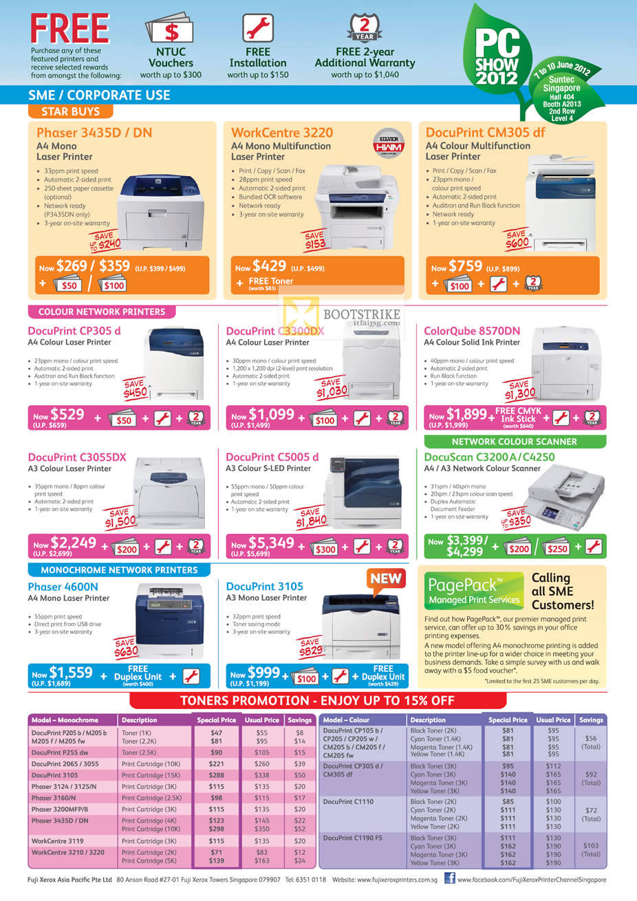 PC SHOW 2012 price list image brochure of Fuji Xerox Printers Laser Phaser 3435D DN, WorkCentre 3220, CM305 Df, CP305, C3300DX, ColorQube 8570DN, DocuScan C3200A C4250, C5005, C3055DX, 4600N, 3105, Toner