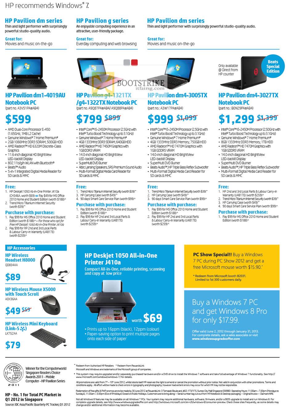 PC SHOW 2012 price list image brochure of HP Notebooks Pavilion Dm1-4019au, G4-1321tx, G4-1322tx, Dm4-3005tx, Dm4-3027tx, Headset H8000, Mouse X5000