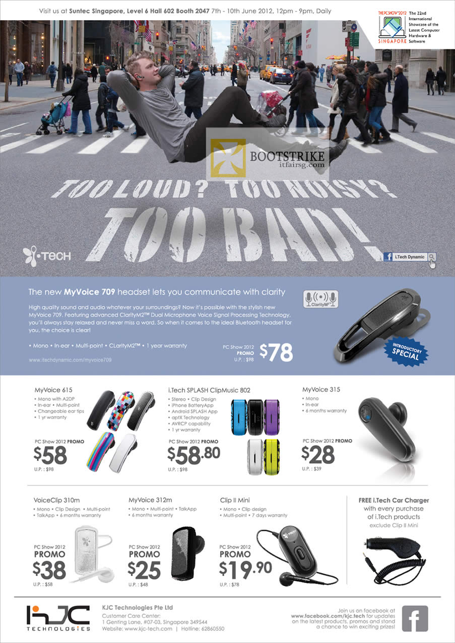 PC SHOW 2012 price list image brochure of KJC ITech Bluetooth Headset MyVoice 615, 312m, Splash ClipMusic 802, MyVoice 315, 312m, VoiceClip 310m, Clip II Mini