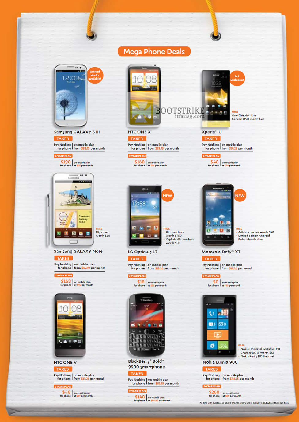 PC SHOW 2012 price list image brochure of M1 Mobile Samsung Galaxy S III, Note, HTC One X, V, Sony Xperia U, LG Optimus L7, Defy XT, Blackberry Bold 9900, Nokia Lumia 900