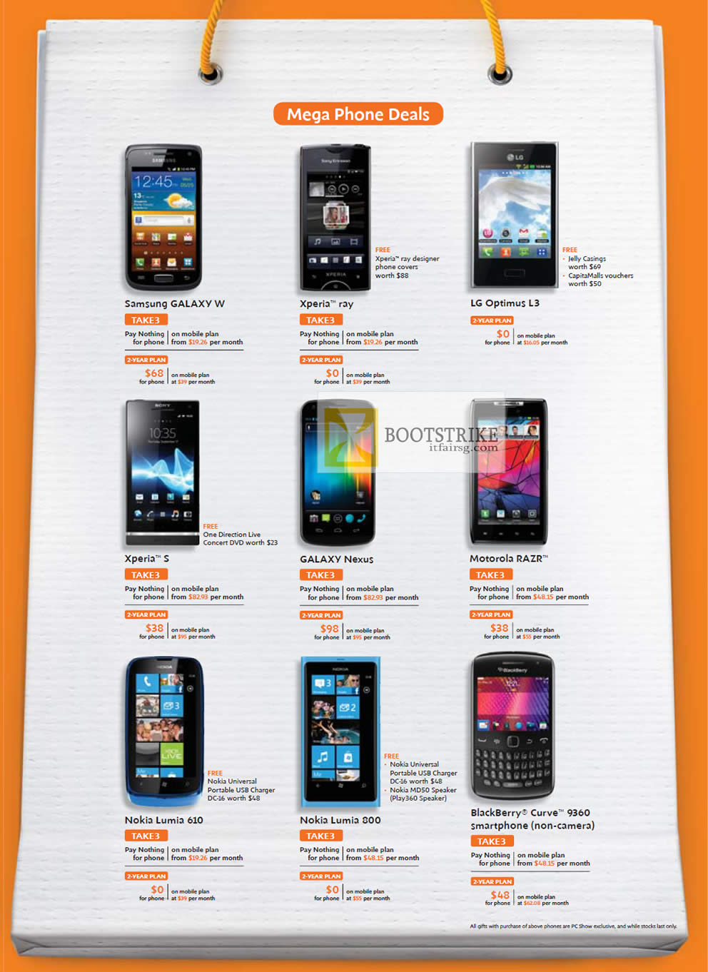 PC SHOW 2012 price list image brochure of M1 Mobile Samsung Galaxy W, Sony Xperia Ray, S, LG Optimus L3, Galaxy Nexus, Motorola Razr, Nokia Lumia 610, 800, Blackberry Curve 9360