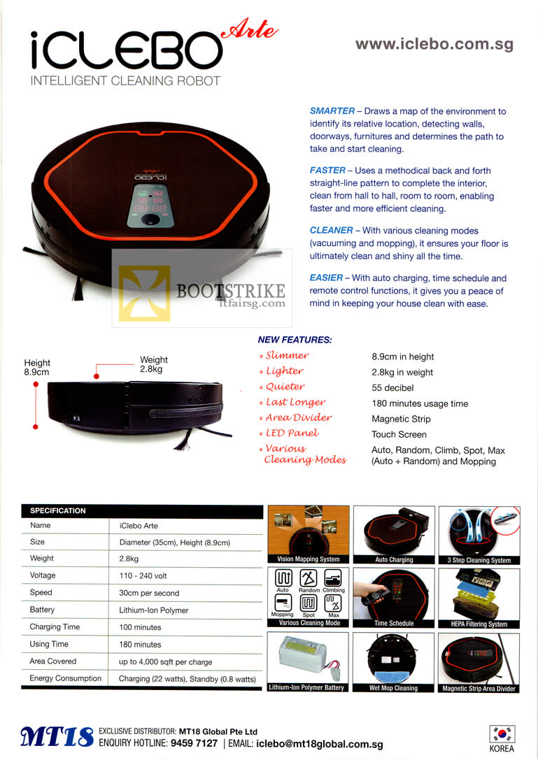 PC SHOW 2012 price list image brochure of MT18 Global IClebo Arte Cleaning Robot Specifications