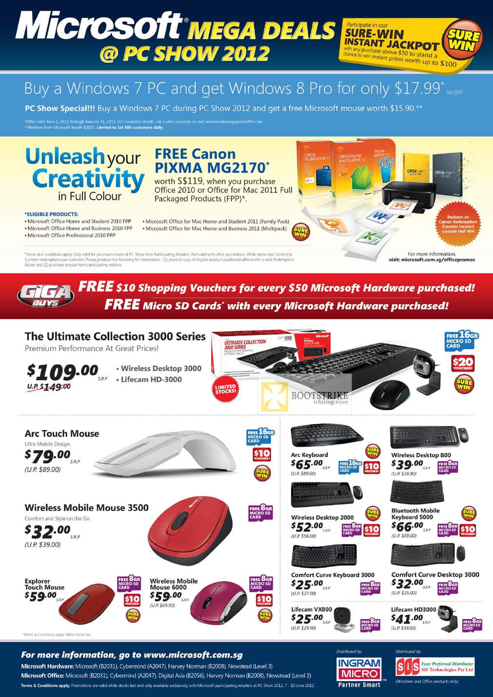 PC SHOW 2012 price list image brochure of Microsoft Windows 8, 7, Arc Touch Mouse, Mobile Mouse 3500, 6000, Explorer, Keyboard, Bluetooth, Comfort Curve, Lifecam Webcam VX800, HD3000