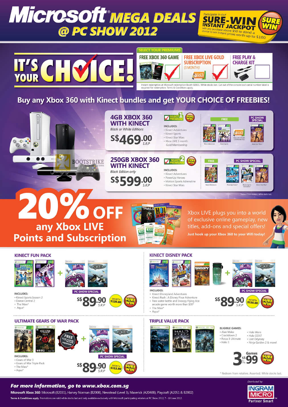 PC SHOW 2012 price list image brochure of Microsoft XBox 360 Kinect, Xbox Live, Fun Pack, Disney Pack, Ultimate Gears Of War Pack, Triple Value Pack Games