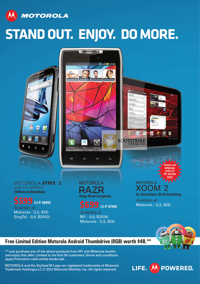 PC SHOW 2012 price list image brochure of Motorola Atrix 2, Motorola Razr, Motorola Xoom 2 Smartphones, Singtel, M1