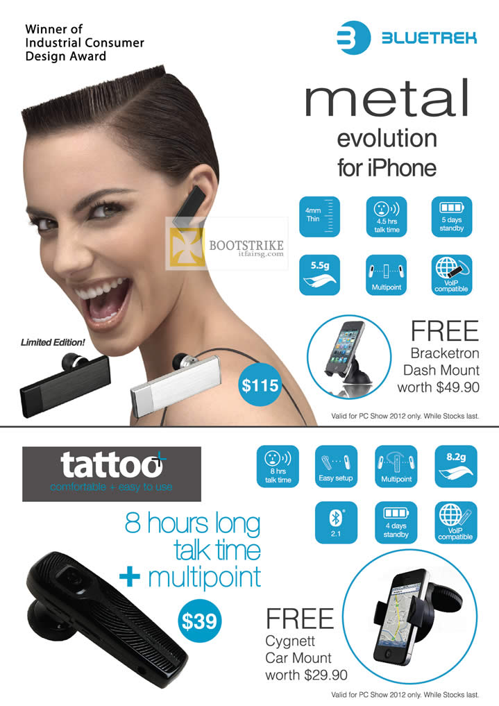 PC SHOW 2012 price list image brochure of Newstead Bluetrek Metal Bluetooth Headset, Tattoo